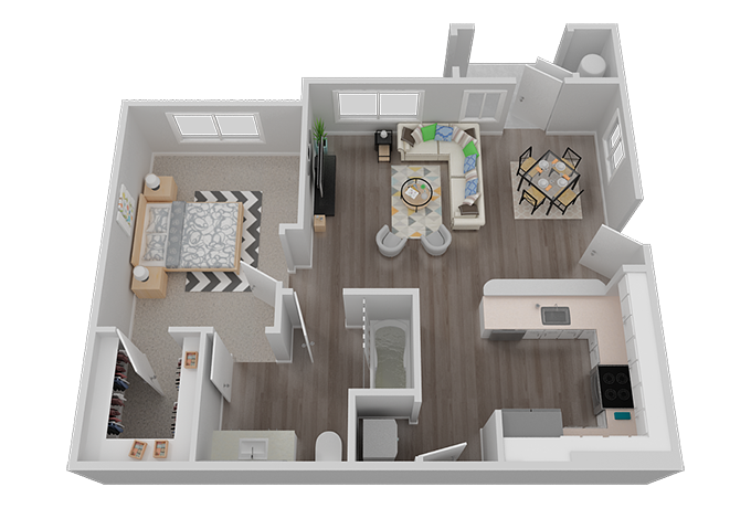 Floor plan for 1 bed, 1 bath, 736 sqft